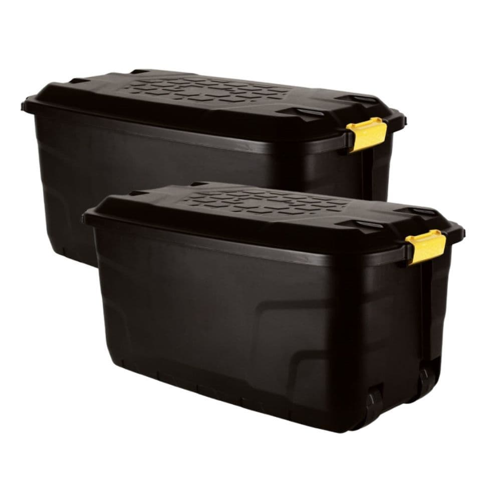 145L Heavy Duty Plastic Black Storage Trunk with Wheels – Set of 2 Strata