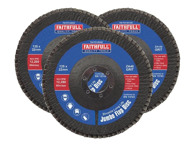 Faithfull Zirconia Abrasive Jumbo Flap Disc 125 X 22Mm Mixed Grit (3 Pack)