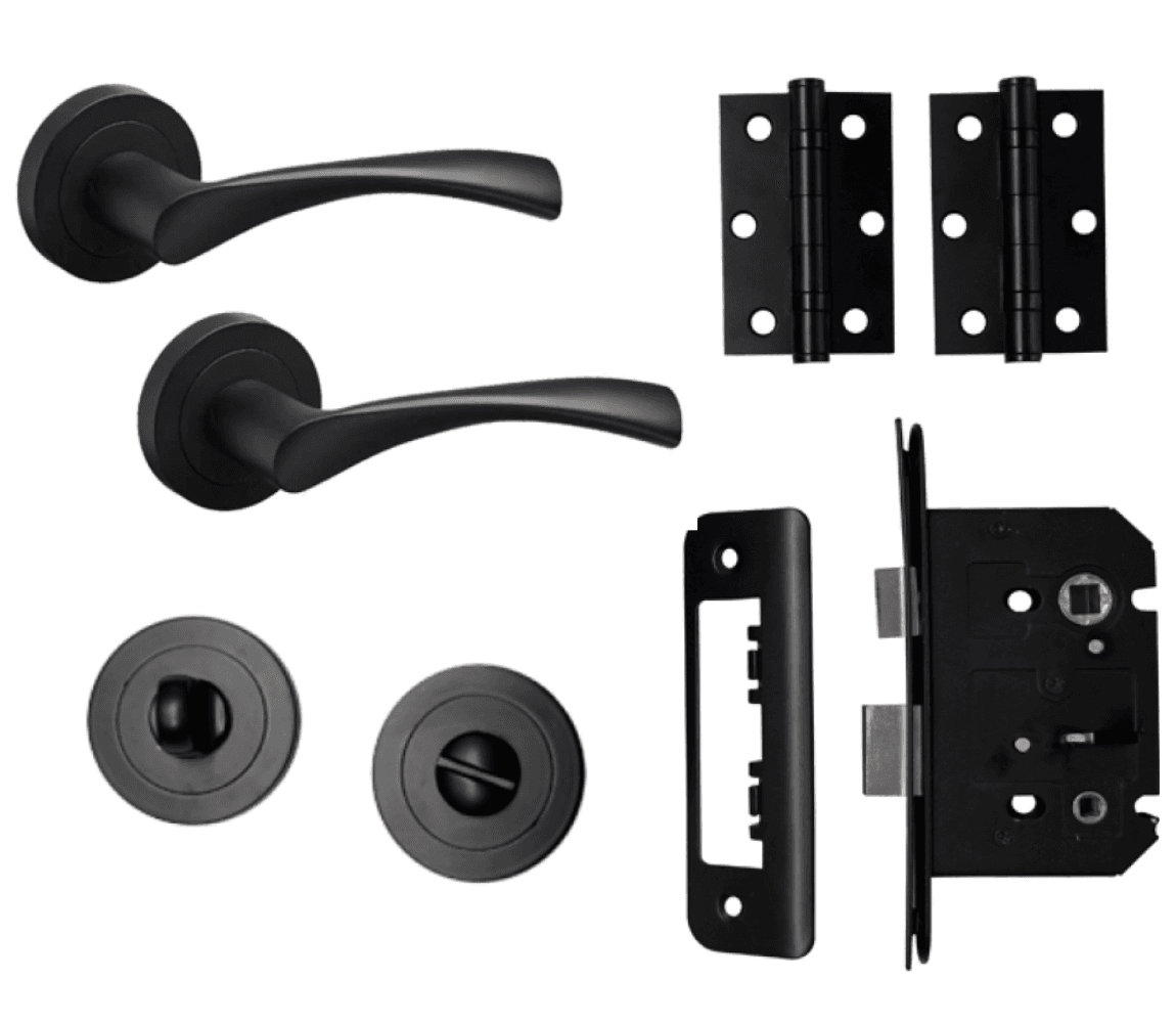 Marvel Lever on Rose Bathroom Lock Door Handle - Matte Black - Complete Door Pack - Designer Levers