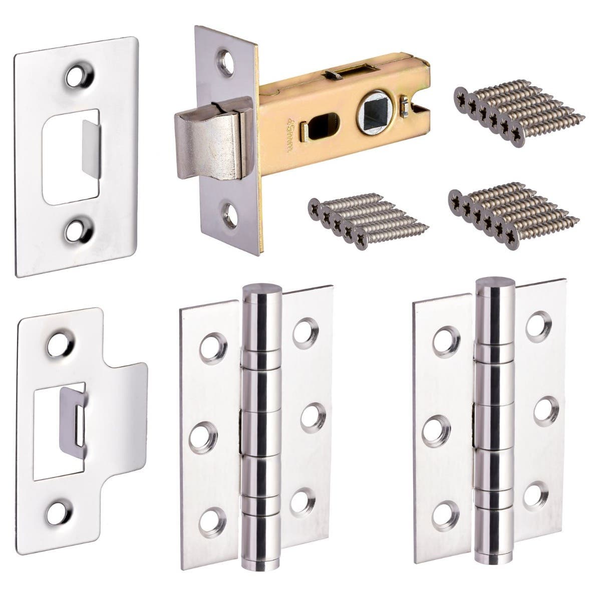 Door Tubular Latch / Catch & Fixings Set - Polished Chrome - 75mm - Hardware Solutions