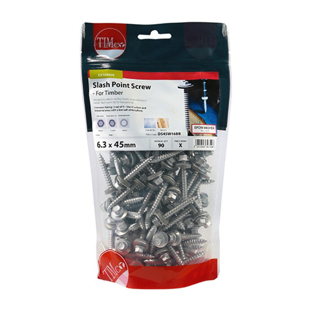 Timco DS45W16BB Slash Point Screws - Hex - For Timber - Exterior - Silver - With Epdm Washer 6.3 X 45 TIMbag 90