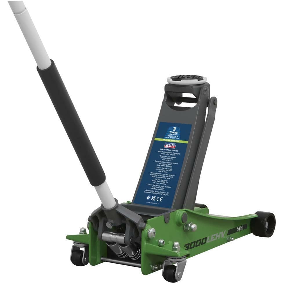Sealey 3000LEHV Trolley Jack 3 Tonne Low Profile Rocket Lift Hi-Vis Green