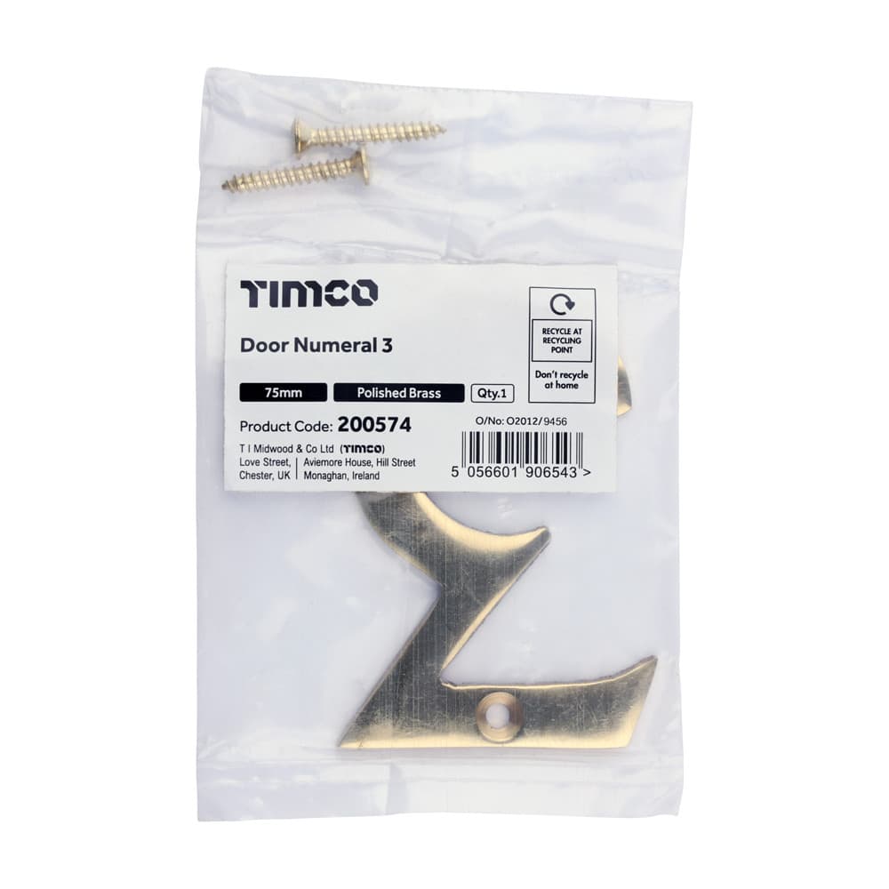 Timco Door Numeral 3 - Polished Brass Bag 1 200574