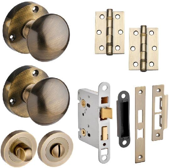 Orion Mortice Bathroom Door Knob Pack - Antique Brass - 76mm - Knob/Thumb Lock/Hinges - Designer Levers