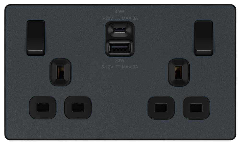 Double Switched Socket with USB A + C 45W - 13A - Black Inserts - Matt Grey
