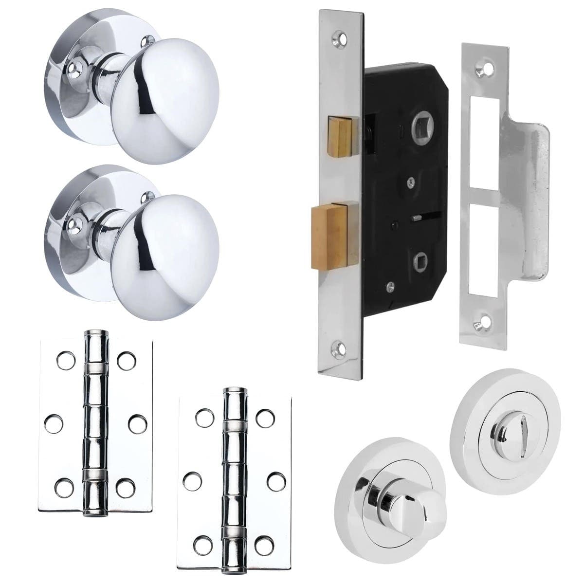 Victorian Mortice Knob Bathroom Door Complete Pack - Polished Chrome - Knob/Thumb Lock/Hinges - Designer Levers