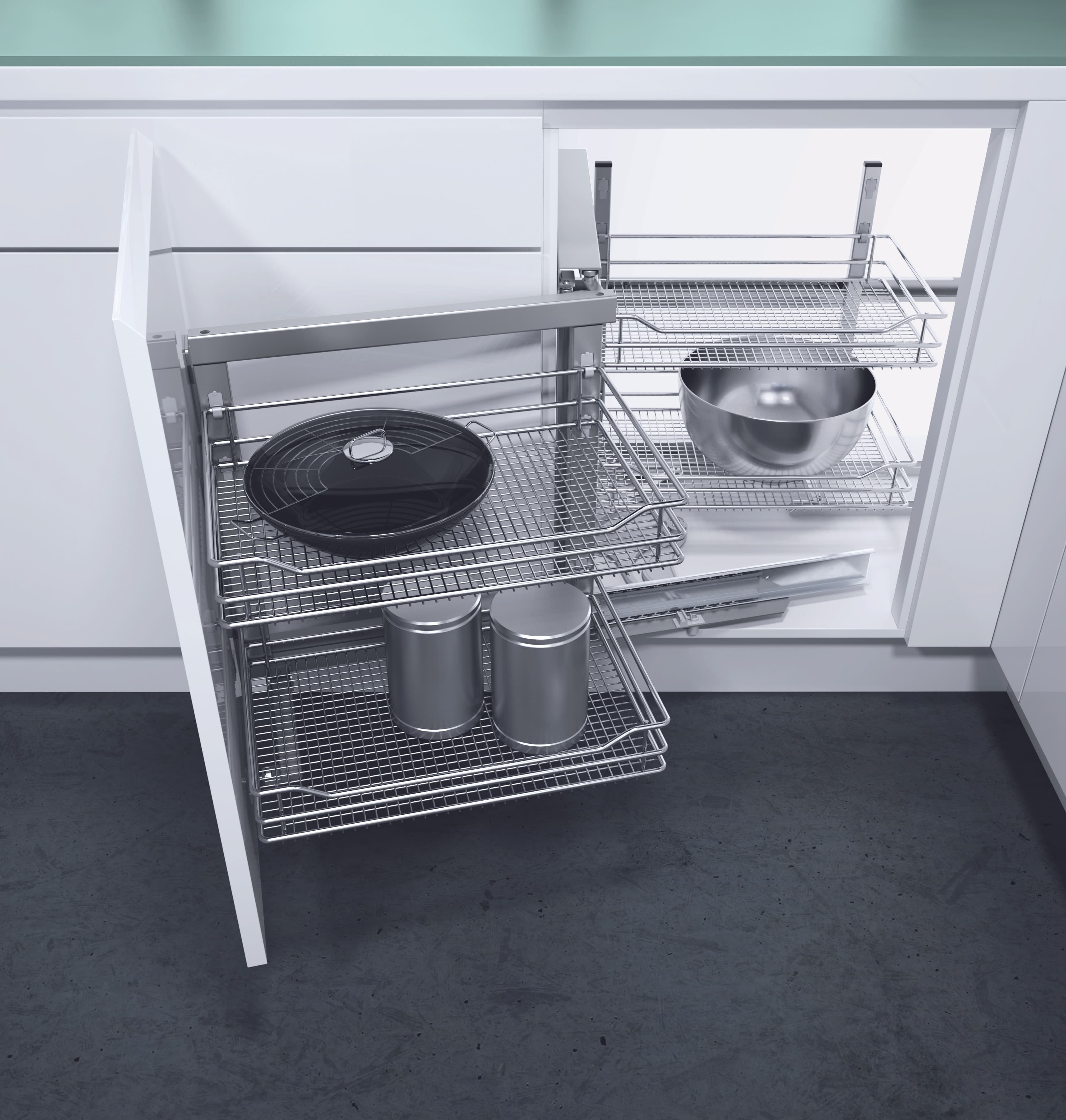 1000 mm Corner Base with 500mm Fascia Vario Corner Mechanism With Mesh Baskets - Left Hand