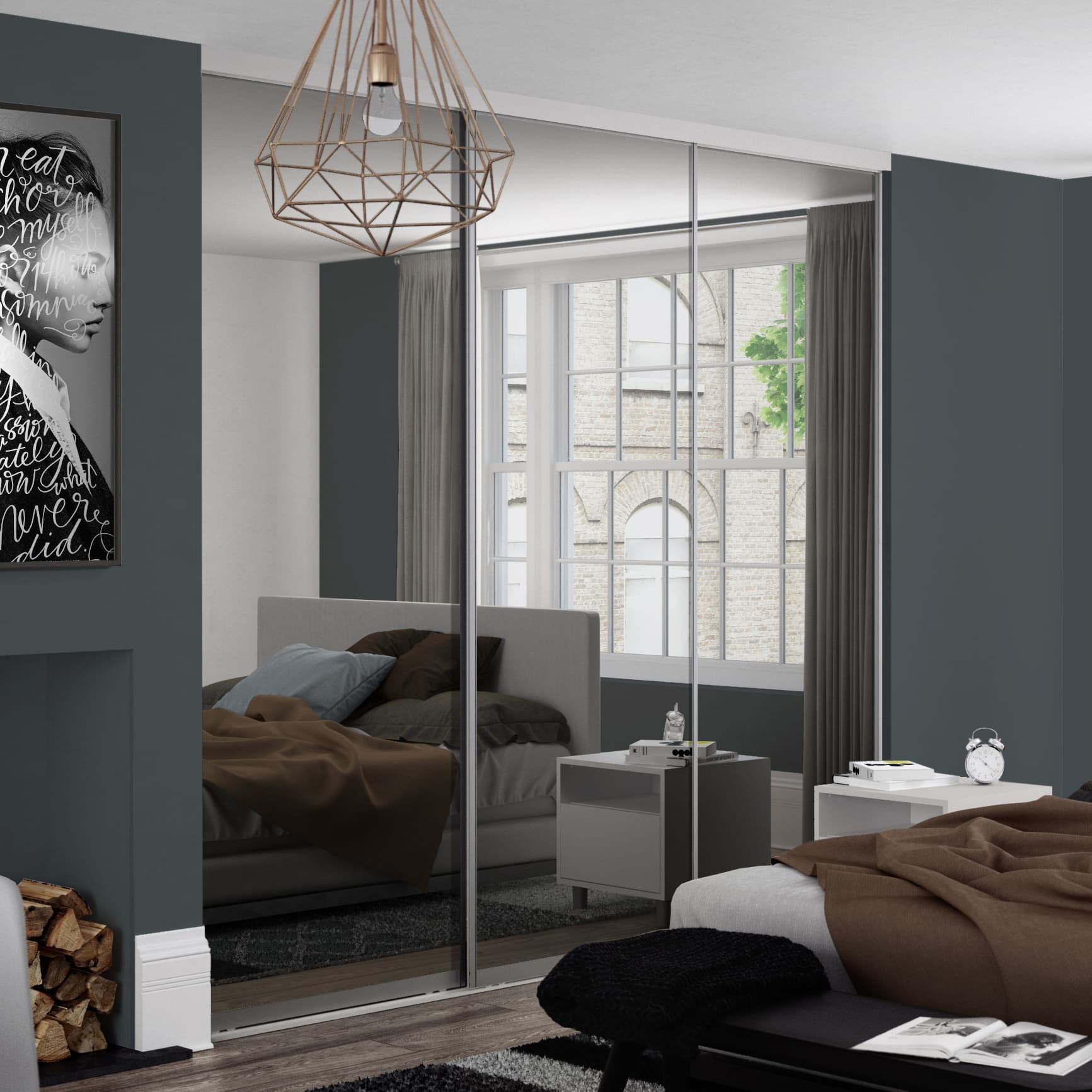 Spacepro Silver Steel and Glass Contour Frame Mirror Sliding Doors, Size: 2260x1760mm