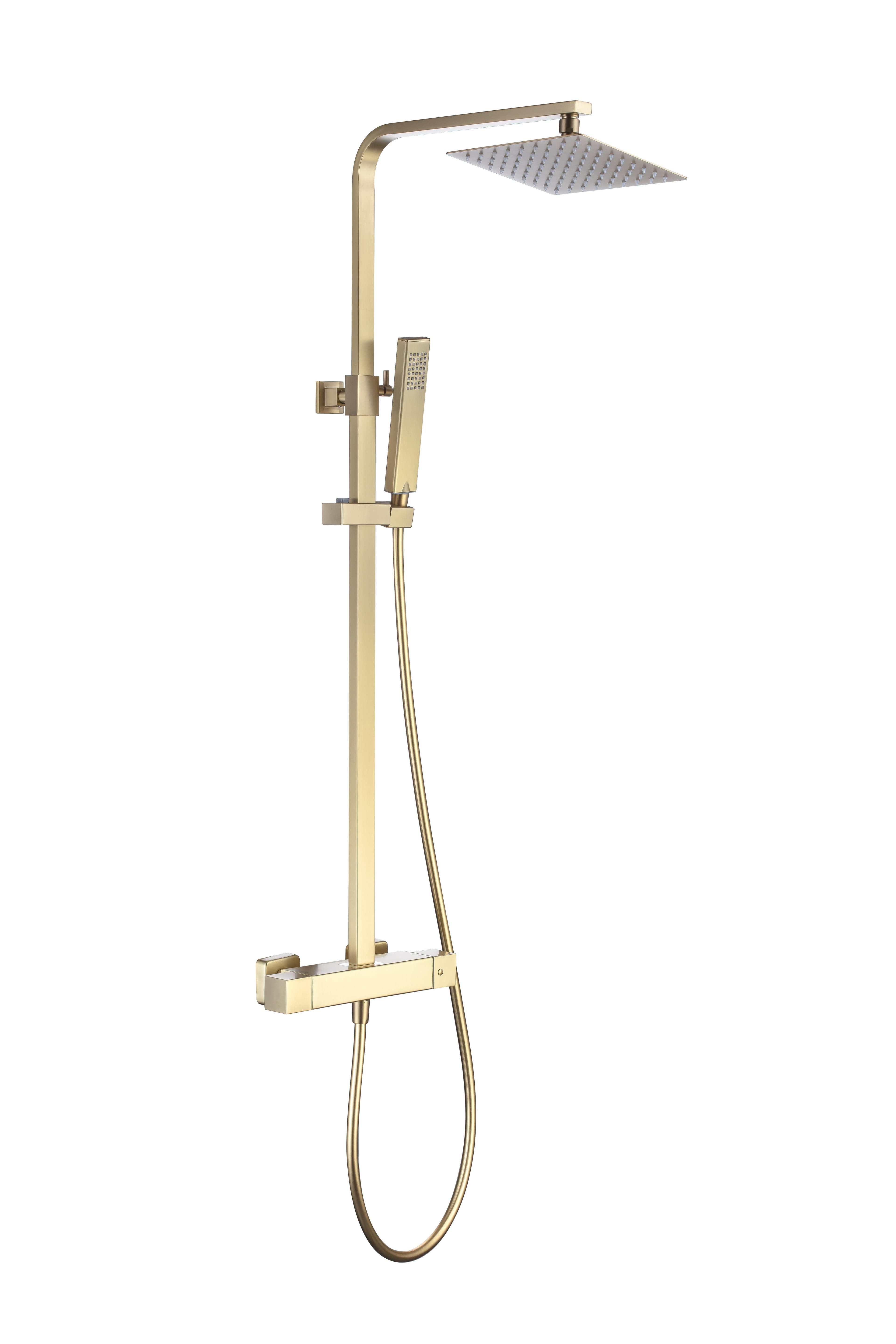 Lydford Square Thermostatic Shower Mixer - incl. Riser Rail Kit - WRAS - Brushed Gold