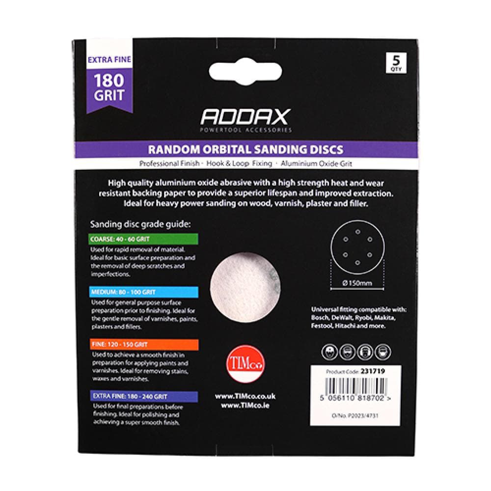Timco 231719 Random Orbital Sanding Discs - 180 Grit - Red 150Mm Pack 5