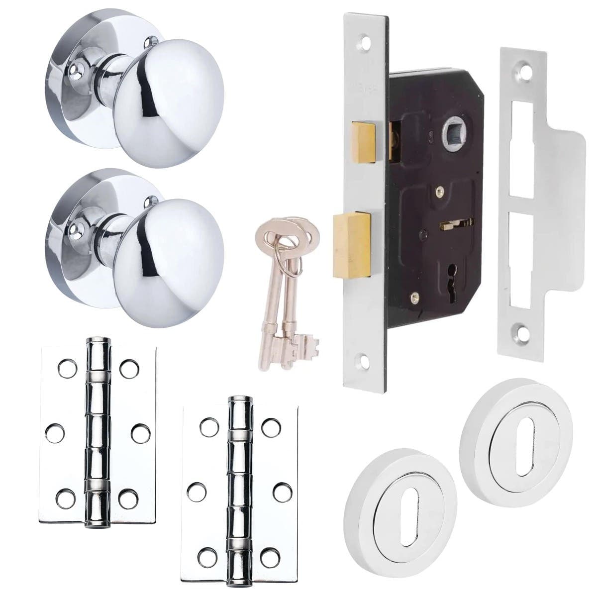 Victorian Mortice Knob Complete Lock Door Pack - Polished Chrome - Knob/Sash Lock/Hinges - Designer Levers