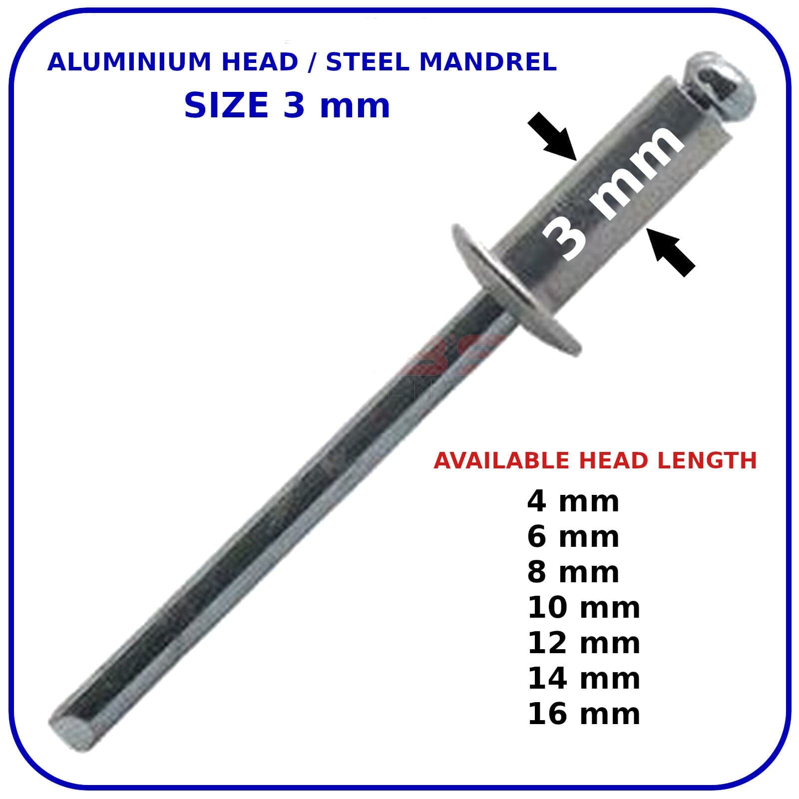 Pop Rivets 3mm Rivet Aluminium Head Steel Mandrel Dome Head Blind Standard