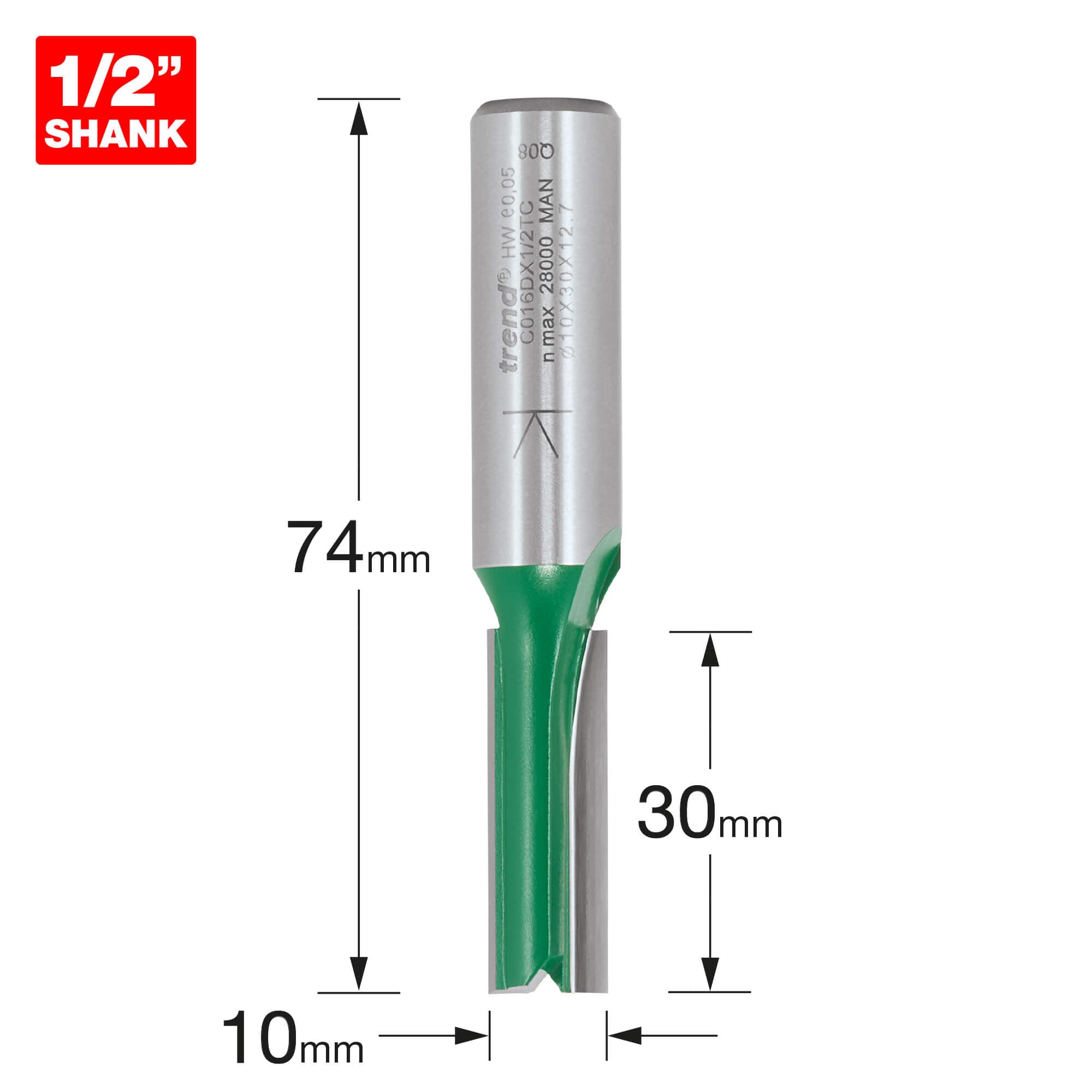 Trend Craftpro 1/2In Shank Two Flute Straight Router Cutter Bit 10Mm Dia X 30Mm Cut Depth Pk 1 C016DX1/2TC