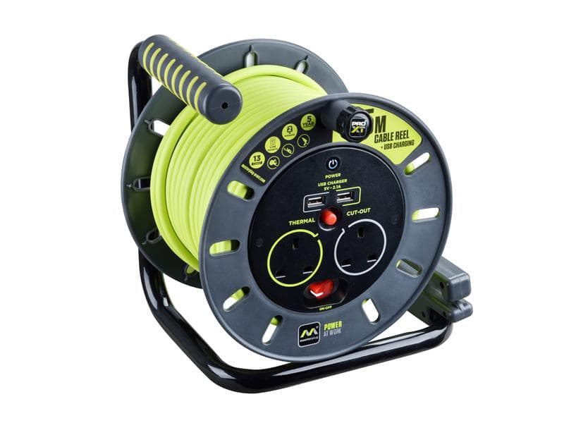 Masterplug OMU25132USL-PX Pro-Xt Open Cable Reel 240V 13A 2-Socket & 2 Usb (2.1A Shared) 25M