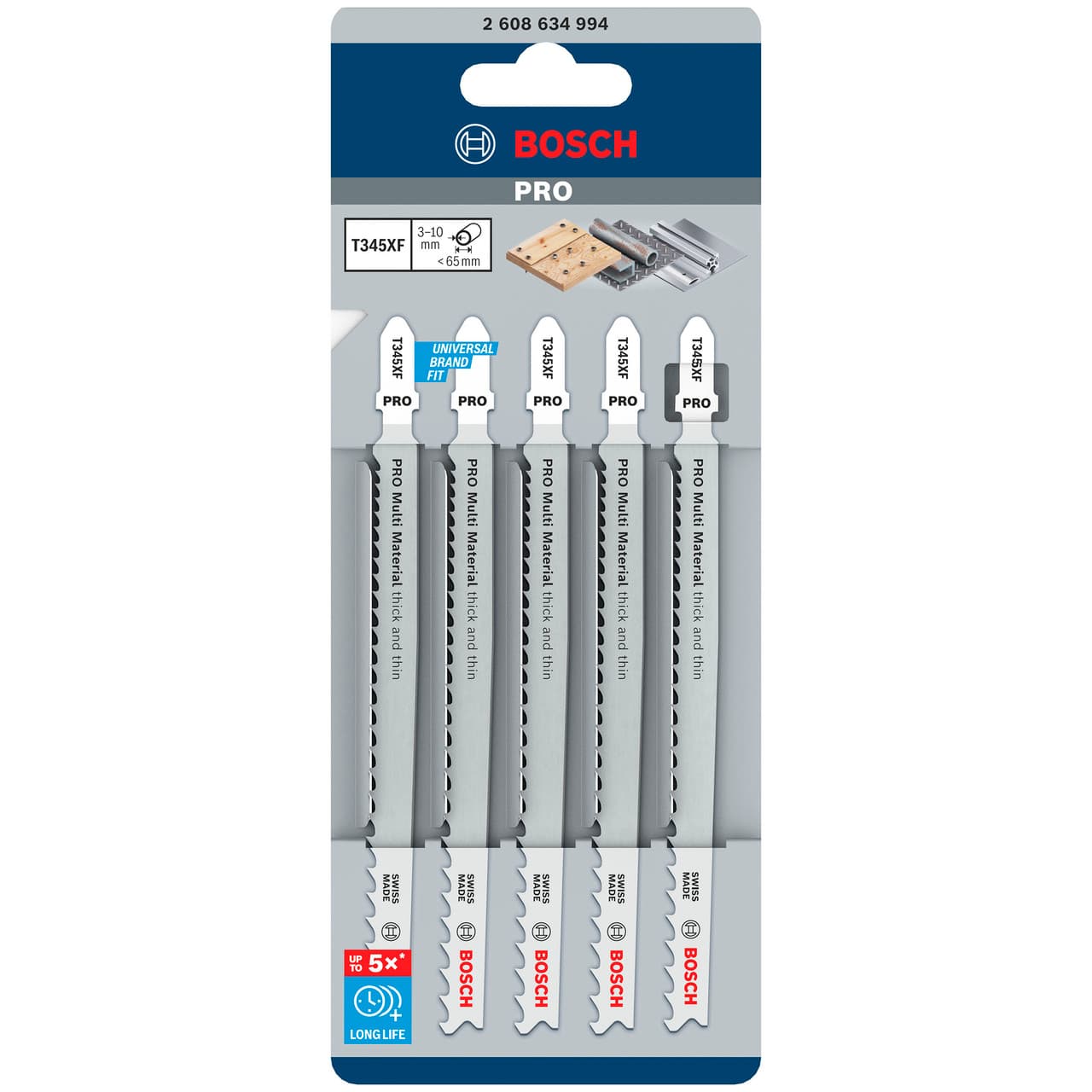 Bosch Powertool Accessories PRO Multi Material T345XF Jigsaw Blade 132mm Pack of 5 2608634994