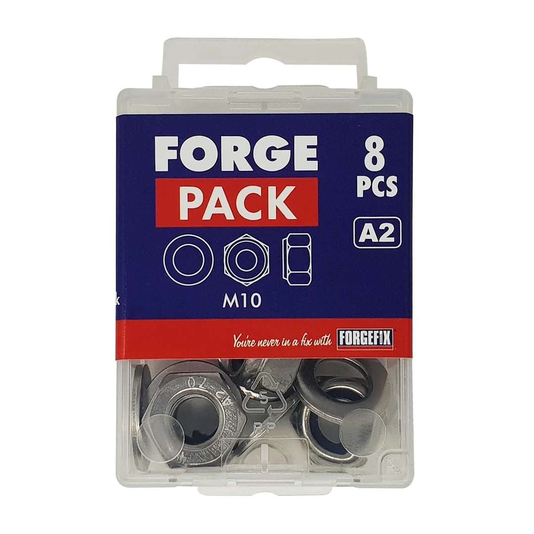 Forgepack FPNYLOC8SS Hexagonal Nuts With Nylon Inserts & Flat Washers - Stainless Steel M8 (Pack Of 12)