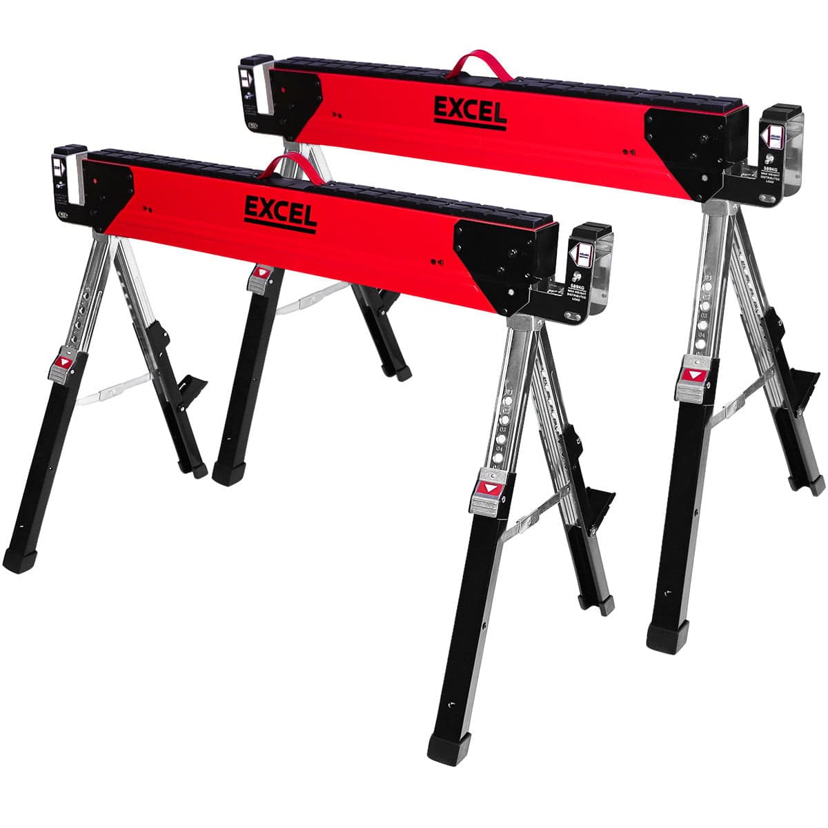 Excel 6288 Heavy Duty Steel Folding Saw Horse With Adjustable Legs 1178Kg Capacity (Twin Pack)