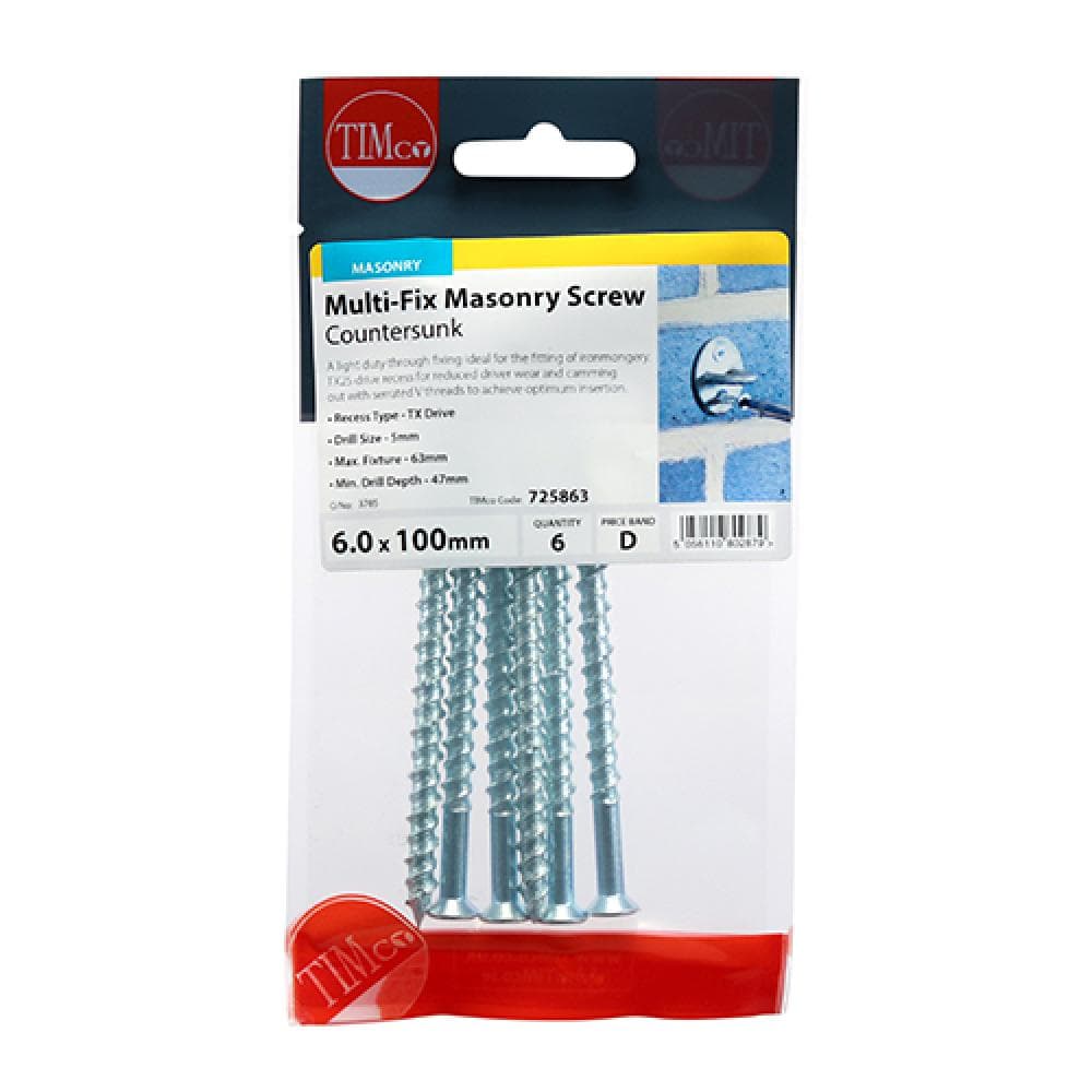 Timco 725863 Masonry Screws - Tx - Countersunk - Zinc 6.0 X 100 TIMpac 6