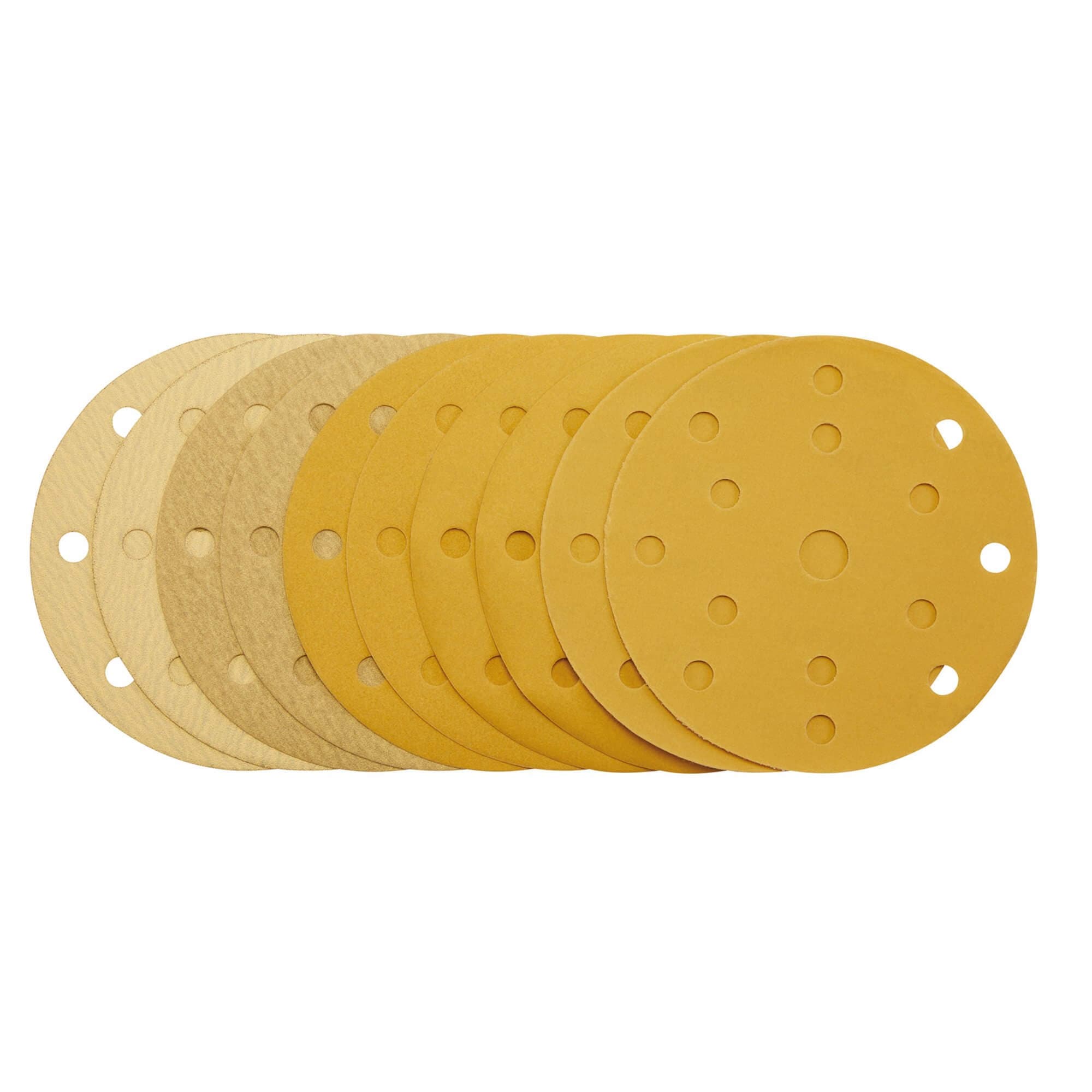 Draper Gold Sanding Discs With Hook & Loop 150Mm Assorted Grit - 120G 180G 240G 320G 400G 15 Dust Extraction Holes (Pack Of 10) pack 1 08480