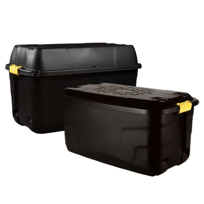 Set of Heavy Duty Plastic Storage Boxes with Wheels – 145L and 175L, Black Strata