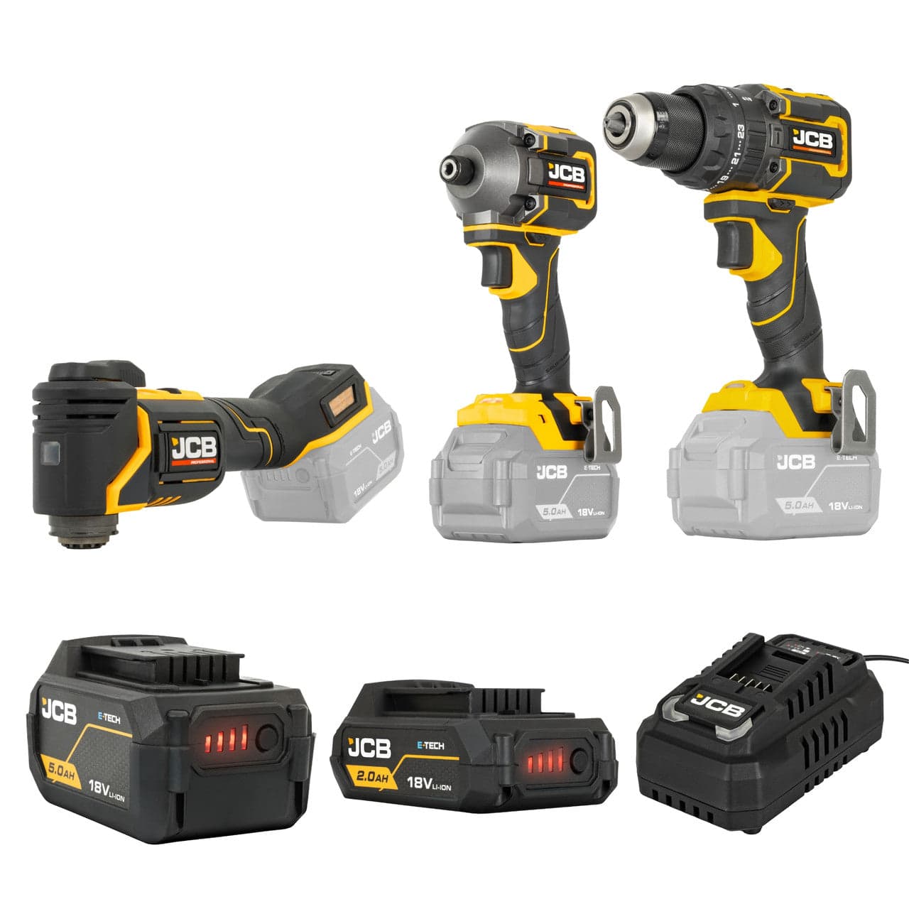 JCB Pro 18V Kit, Combi Drill (75Nm), Impact Driver (230Nm), Multi Tool, 2Ah & 5Ah Batteries, 4.5A Fast Charger & Soft Tool Bag | JCB-18PKIT-6