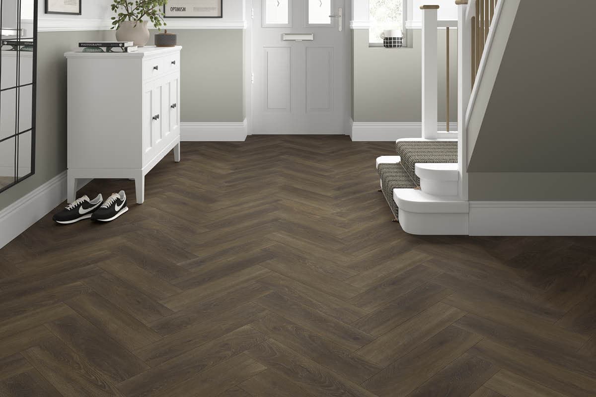 Spectra Luxury Rigid Core Click Vinyl Rich Chocolate Brown Herringbone Built-in Underlay