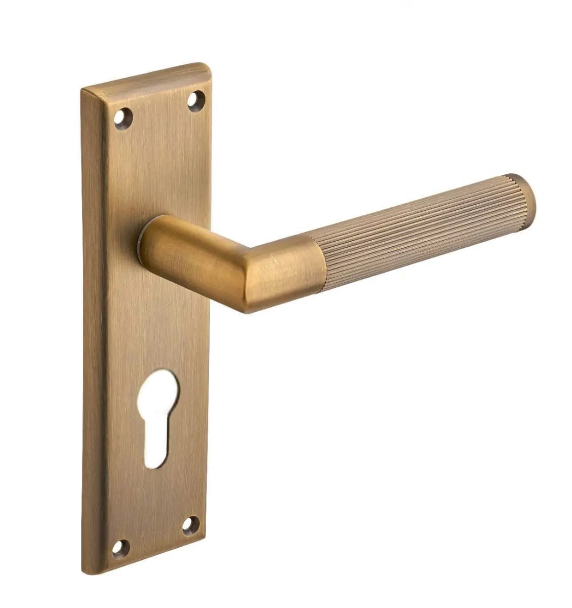 Newington Ribbed Euro Lever Lock Door Handle on Backplate - Antique Brass - Designer Levers