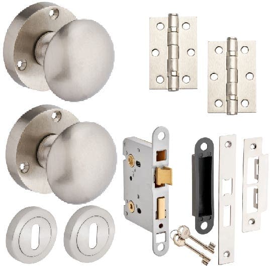Orion Mortice Door Knob Lock Door Pack - Satin Nickel - 76mm - Knob/3 Lever Sashlock/Hinges - Designer Levers