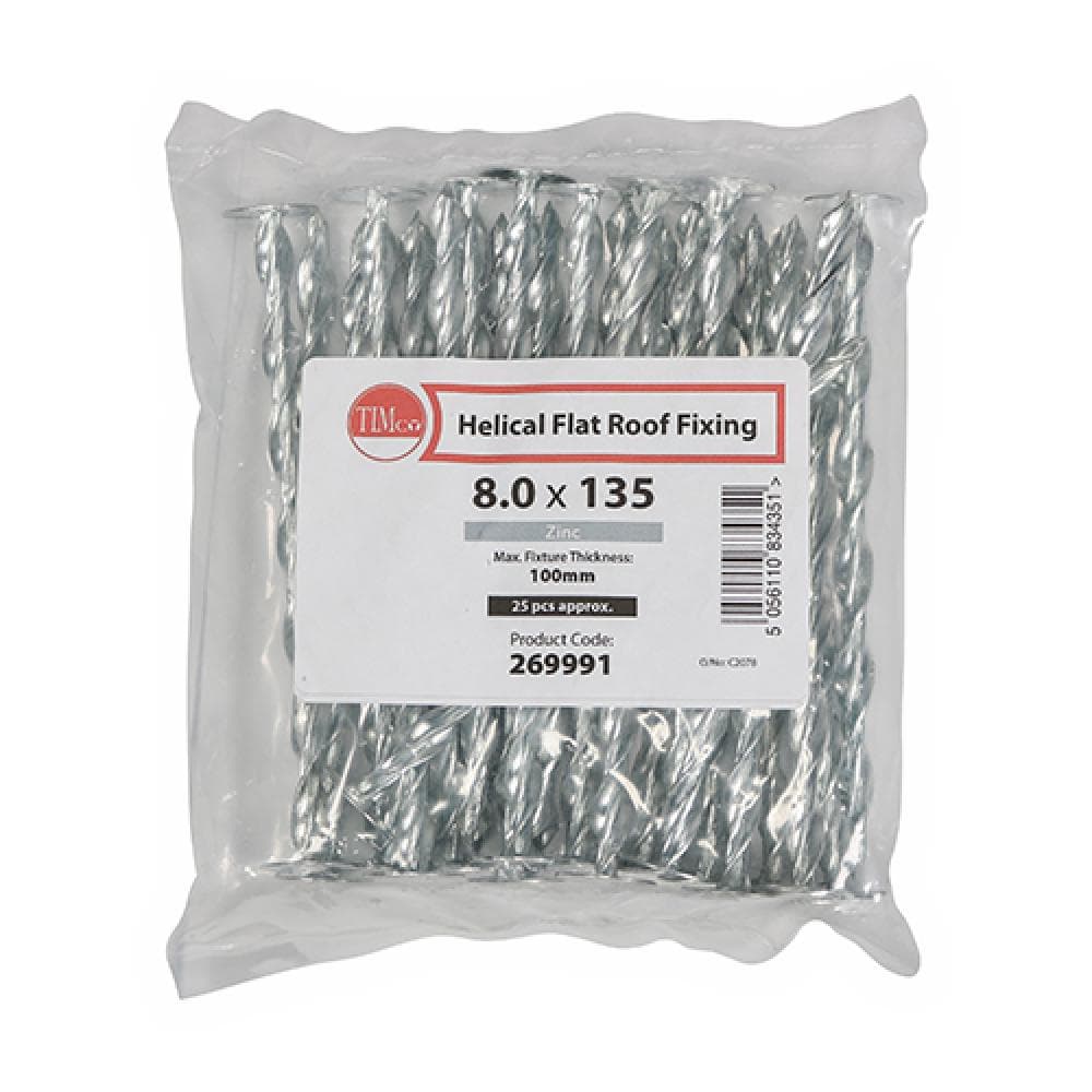 Timco 269991 Helical Flat Roof Fixing - Zinc 8.0 X 135 Bag 25