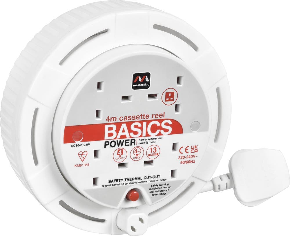 Basics 4 Socket Thermal Cutout Extension Case Reel - 4M - 13A - IP20 - White