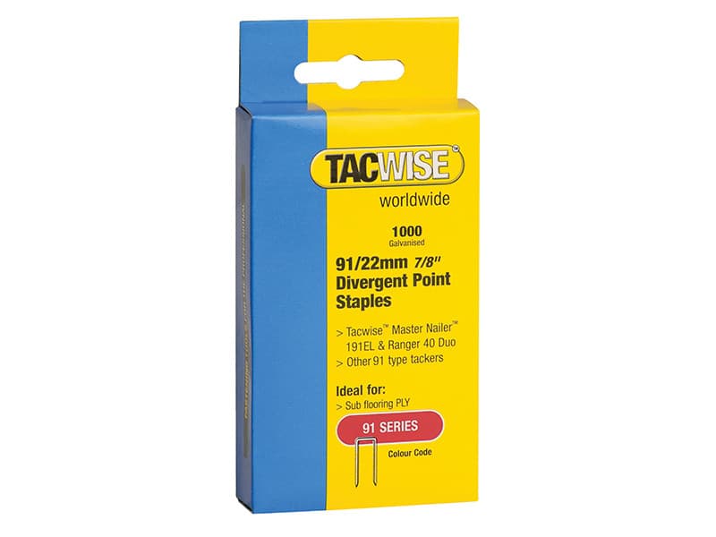 Tacwise 0288 91 Narrow Crown Divergent Point Staples 22Mm - Electric Tackers (Pack 1000)