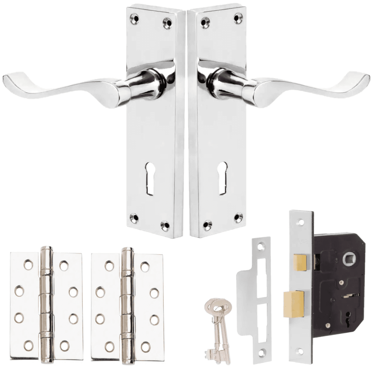 Victorian Scroll Lever Sashlock Door Handle - Polished Chrome - Complete Door Pack - Internal or Exterior - Designer Levers