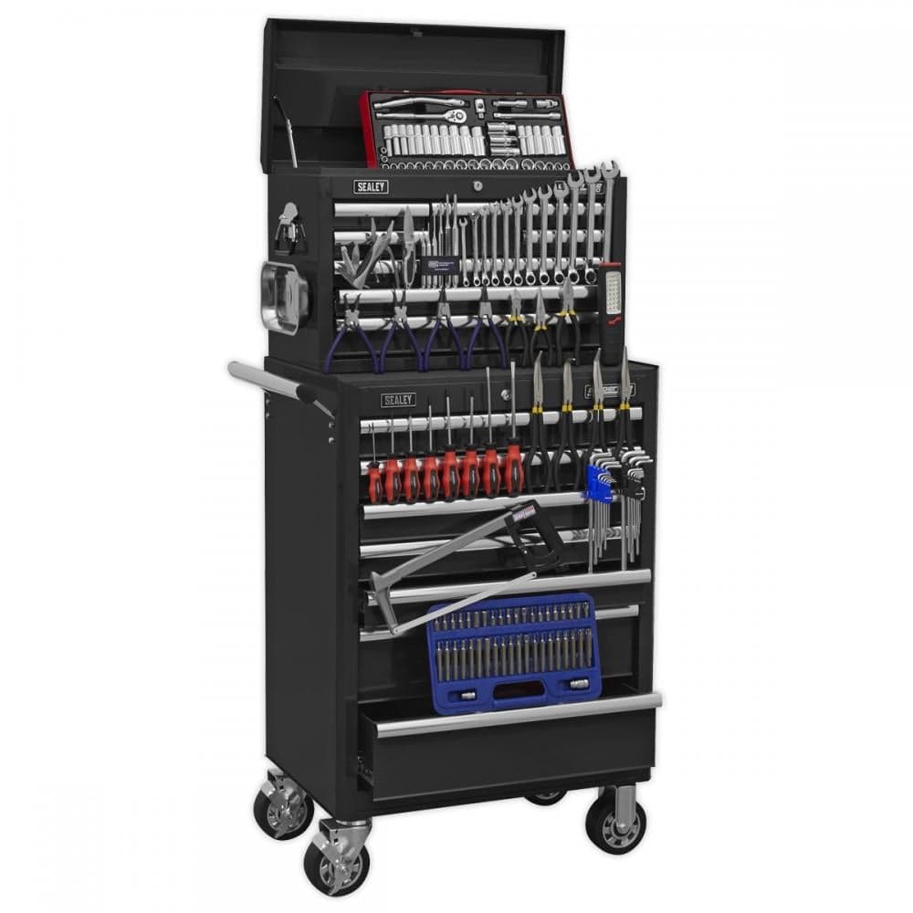 Sealey APCOMBOBBTK58 Topchest & Rollcab Combination 15 Drawer With Ball-Bearing Slides - Black & 148Pc Tool Kit
