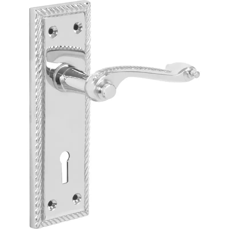 Georgian Scroll Lever Lock Door Handle on Long Backplate - Polished Chrome - Internal - Pair - Designer Levers