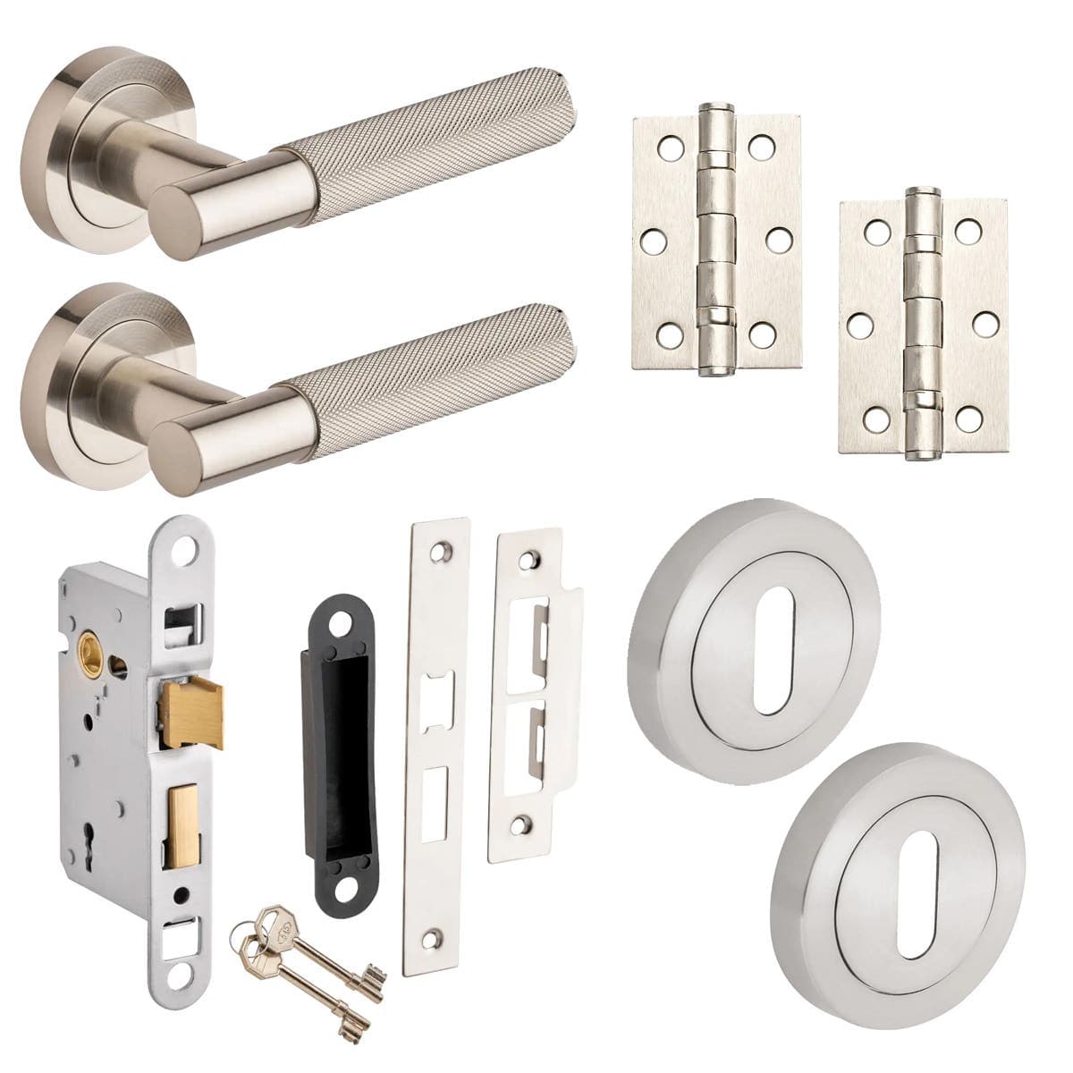 Marylebone Knurled Lever On Rose Sashlock Door Pack - Brushed Nickel - Handle/Hinges/Sashlock/Escutcheon - Designer Levers