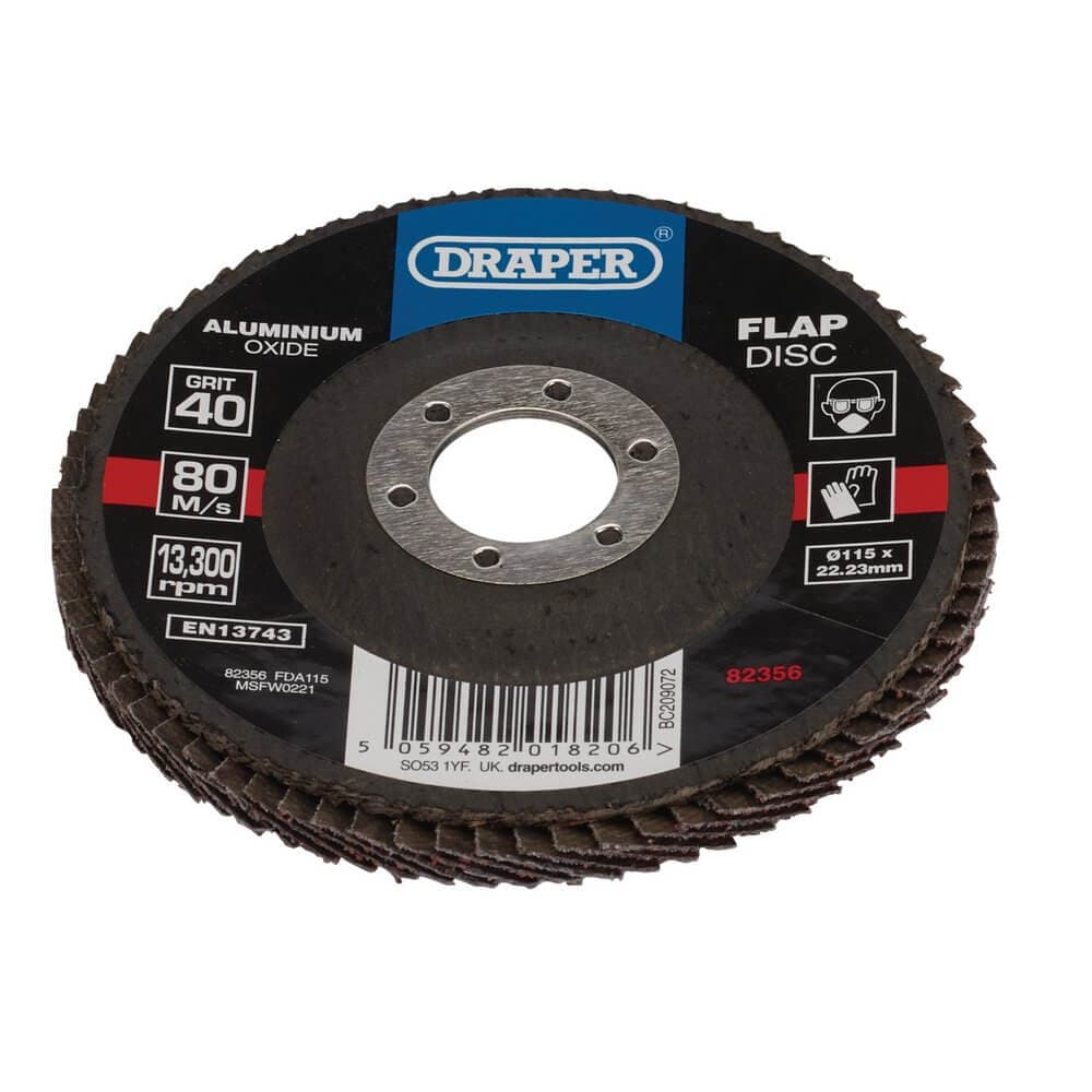 Draper 82356 Aluminium Oxide Flap Disc 115 X 22.23Mm 40 Grit each 1