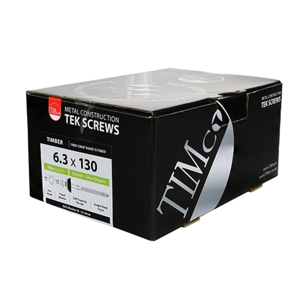 Timco 731339 Metal Construction Fibre Cement Board To Light Section Screws - Hex - Baz Washer - Slash Point - Exterior - Silver Organic 6.3 X 130 Box 50