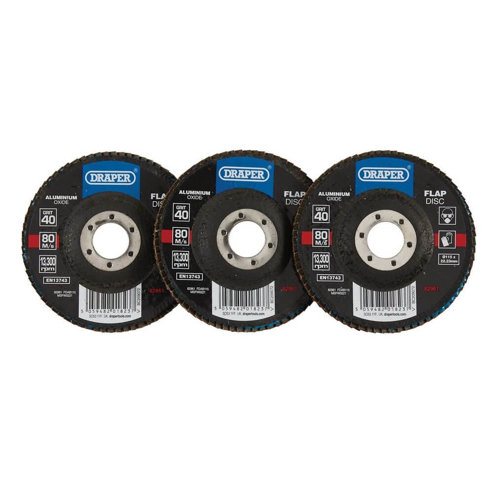 Draper 82961 Aluminium Oxide Flap Discs 115 X 22.23Mm 40 Grit (Pack Of 10) each 1