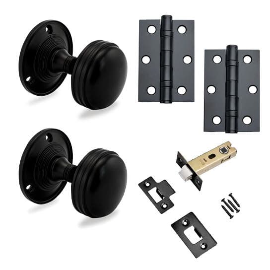 Ringed Mortice Door Knob Complete Internal Door Pack - Latch & Hinges - Black - Designer Levers