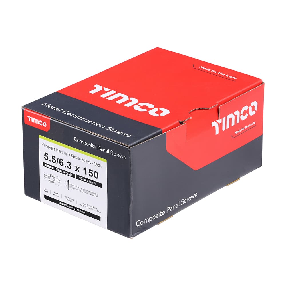 Timco Metal Construction Composite Panel Screws - Hex - Epdm Washer - Self-Drilling - Exterior - Silver Organic Box 100 LH150W16B