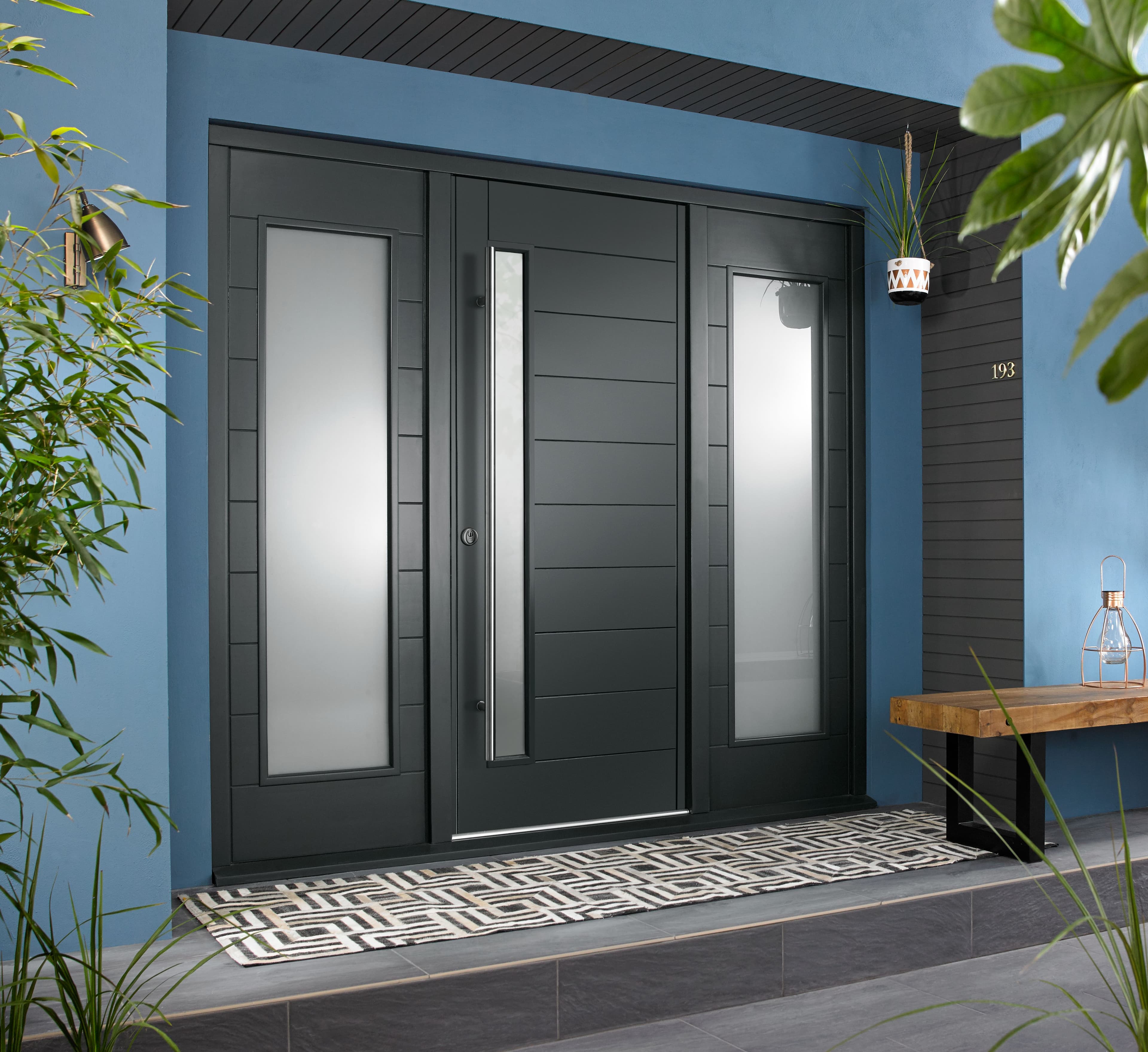 Stockholm External Grey Hardwood Veneer Door 1981 x 838 x 44mm and Frame with 2 Side Lights 457mm Left and Right Hand