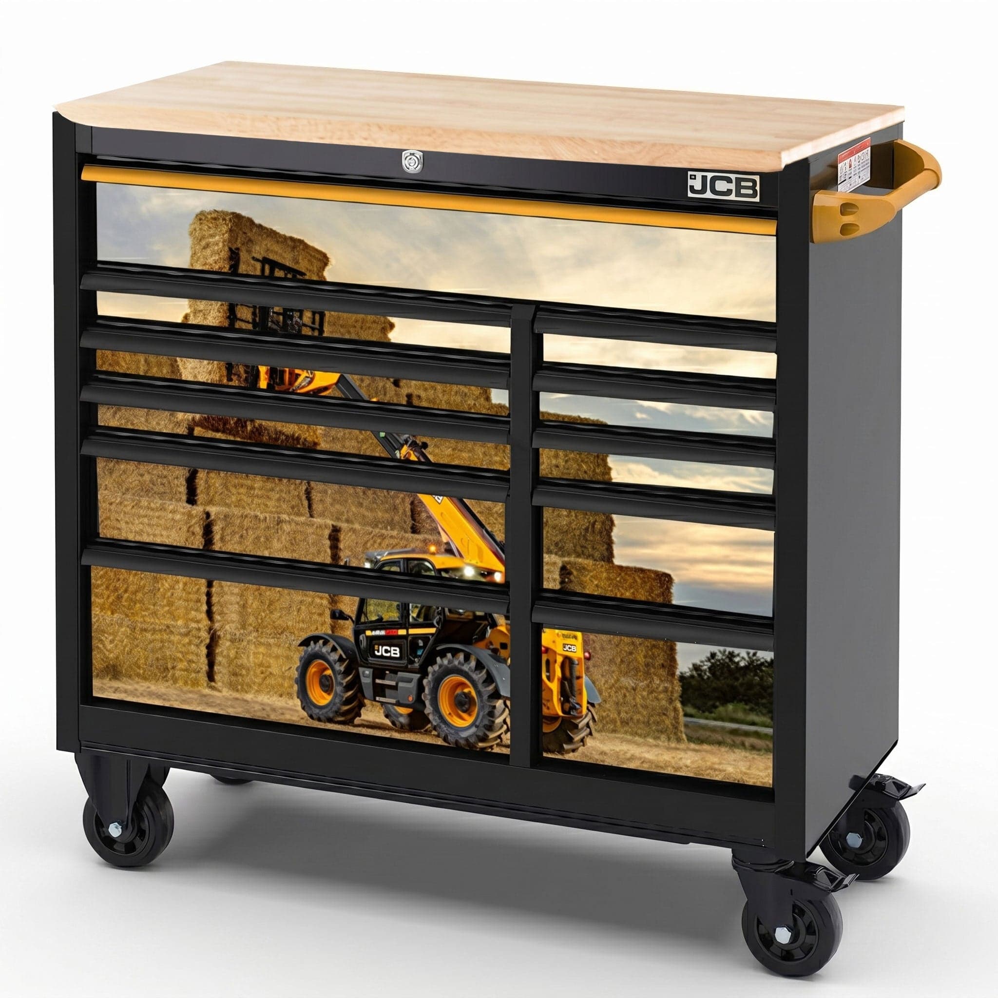JCB 42’’ Roller Tool Cabinet, 11 Drawers, Steel with Hardwood Worktop and Telehandler Wrap | JCBTLHRCBB