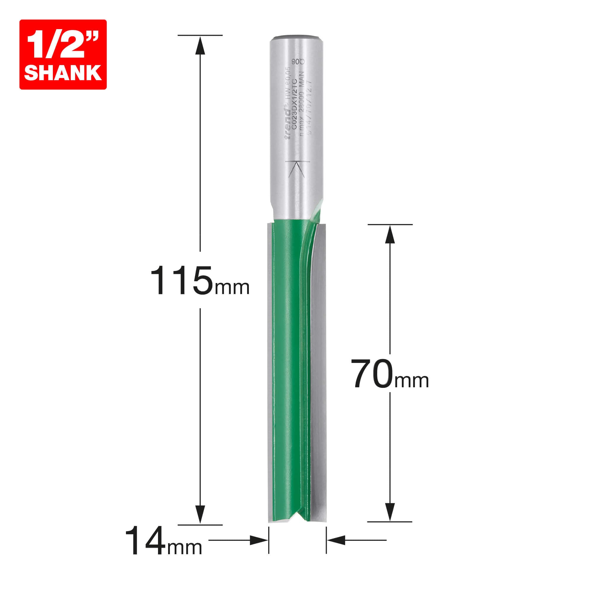 Trend Craftpro 1/2In Shank Two Flute Straight Router Cutter Bit 14Mm Dia X 70Mm Cut Depth Pk 1 C023DX1/2TC