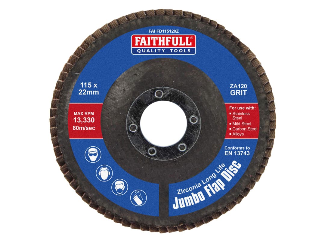 Faithfull Zirconia Abrasive Jumbo Flap Disc 115 x 22mm 120 Grit FAIFD115120Z