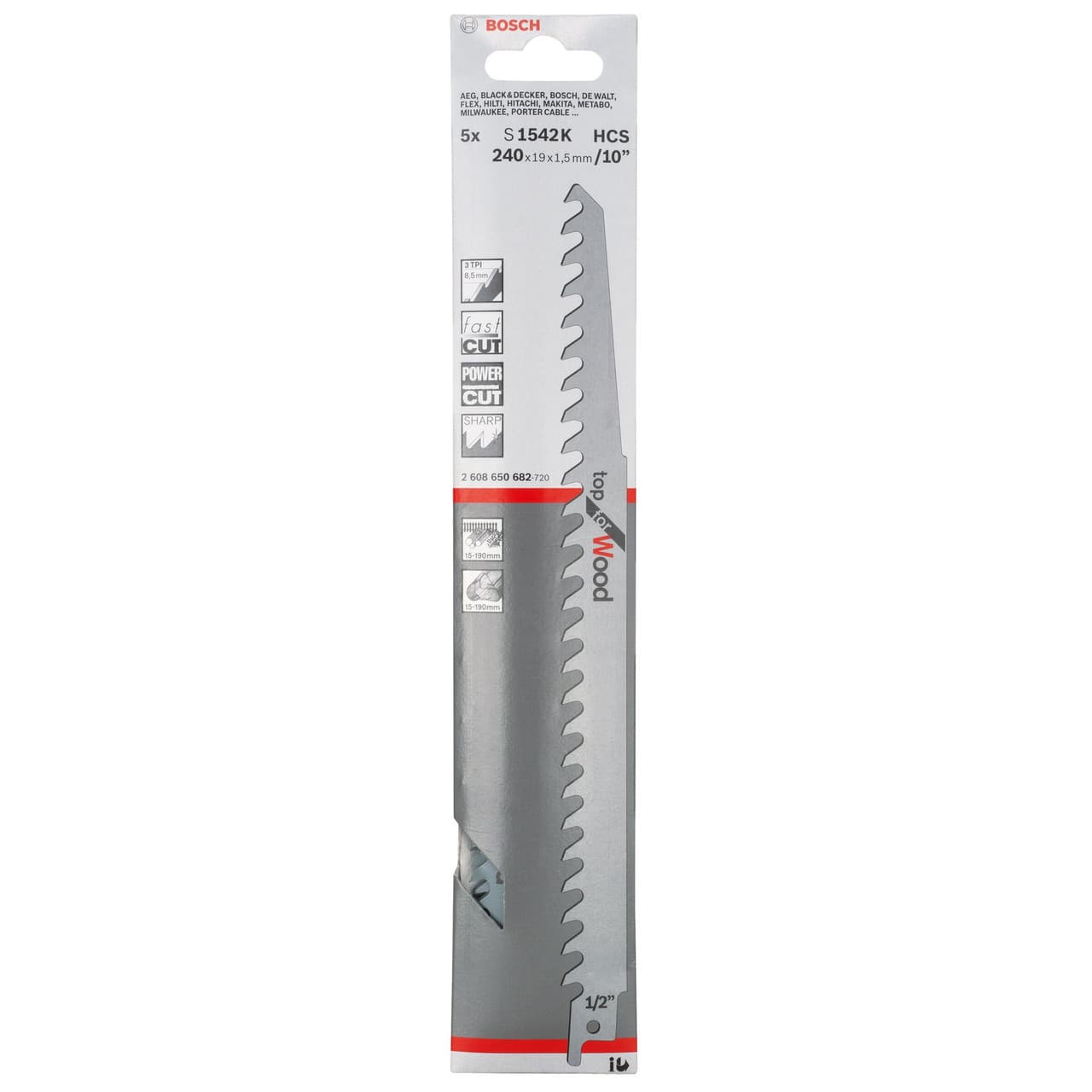 Bosch Powertool Accessories S 1542 K Top for Wood Reciprocating Saw Blade 240mm 3 TPI (Pack 5) 2608650682