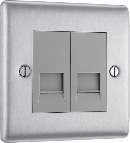 Screwless Flatplate Brushed Steel Double Switched 13A Power Socket FBS22G-01