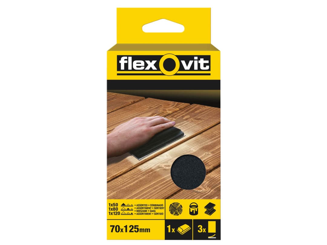 Flexovit Hook & Loop Sanding Block Kit Assorted 70 x 125mm (Pack 3) 63642556830