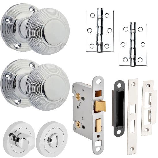 Beehive Mortice Door Knob Complete Bathroom Door Pack - Polished Chrome - 76mm - Knob/Lock/Hinges - Designer Levers