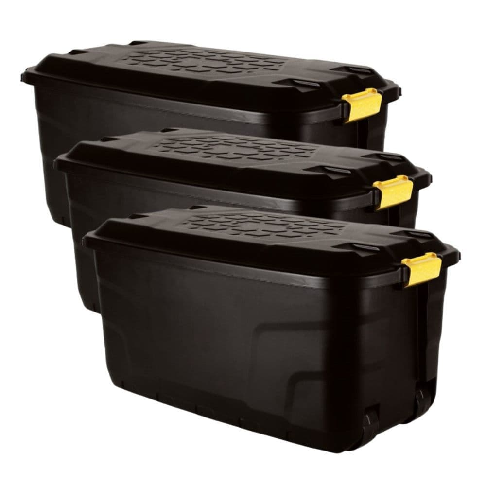 145L Heavy Duty Plastic Black Storage Trunk with Wheels – Set of 3 Strata