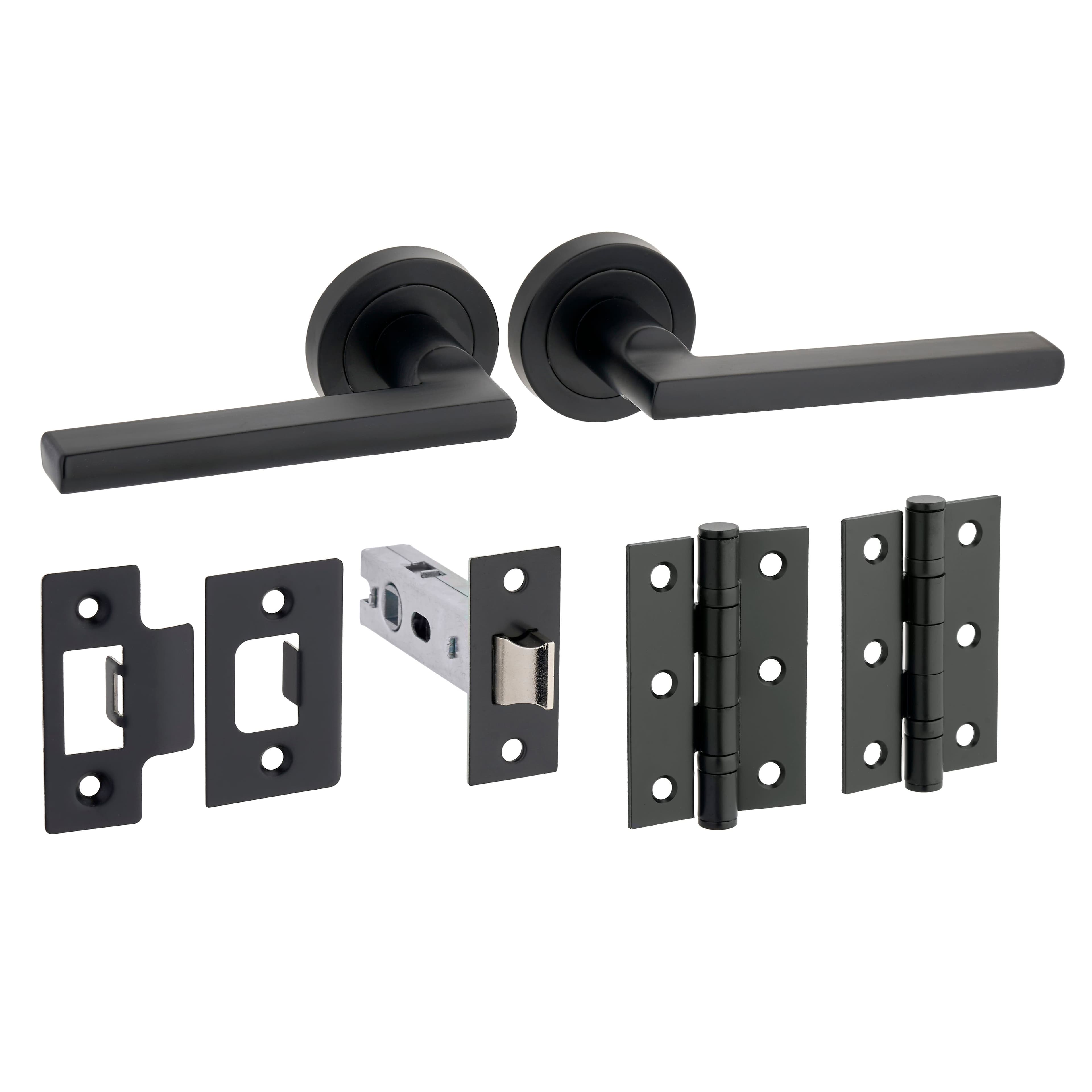Scylla Lever On Rose Door Handle - Matt Black - Complete Door Pack - Designer Levers